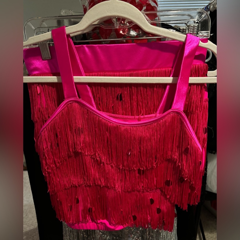 2 piece hot pink fringe dance costume